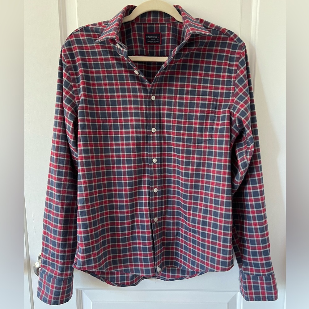 Untuckit Shirt Mens Red Navy Plaid Soft Flannel Passaros Button Down Size Small